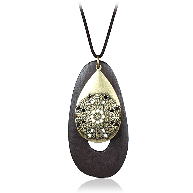 [CO000046] Colier Rose Shade oval din lemn si metal, cu snur de piele