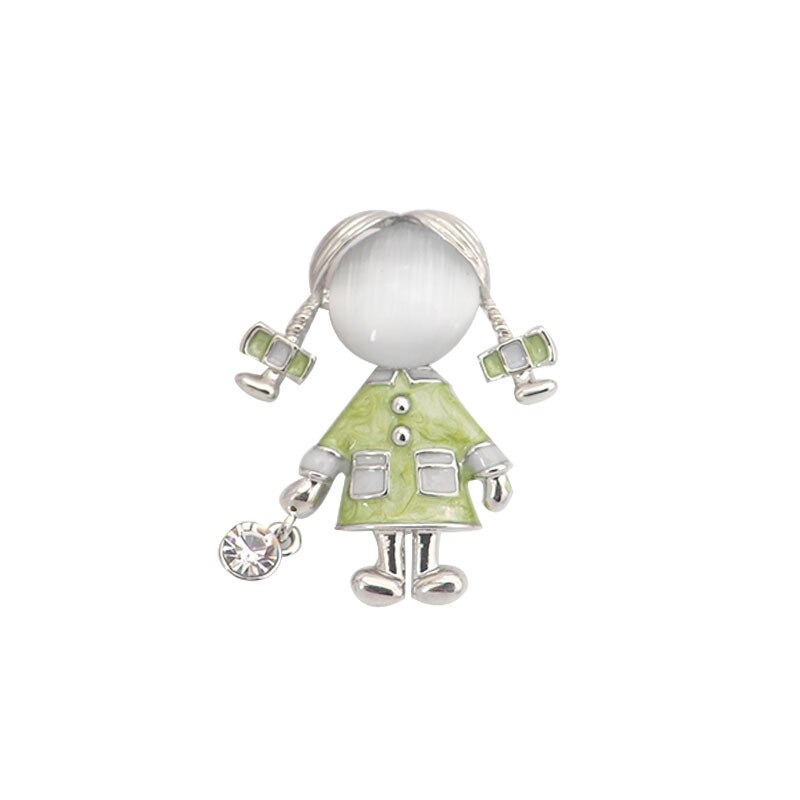 Broșă Retro Cute Green Girl, Placată cu Argint